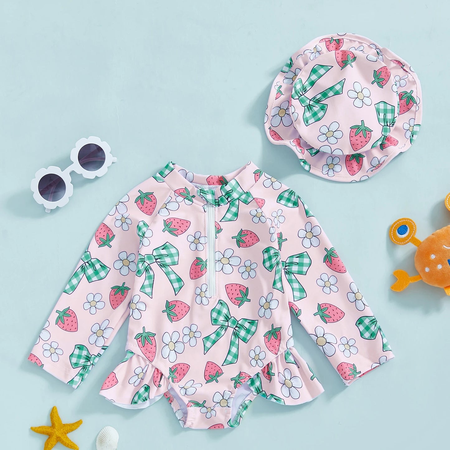 Baby Toddler Girls 2Pcs Rash Guard Swimsuit with Hat Bow Floral Print Zip Up Long Sleeve Crew Neck Swimwear Bathing Suit Set