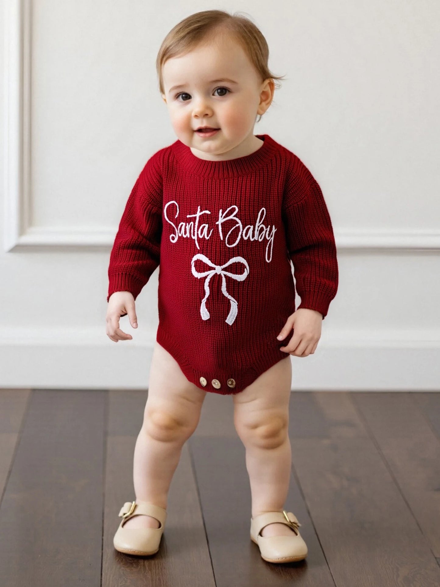 Baby Girl Santa Baby Christmas Romper Loose Fit Letter Bow Embroidery Ribbed Knit Long Sleeve Infant Winter Sweater