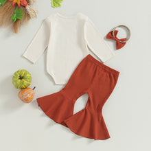 Load image into Gallery viewer, Baby Girls 3Pcs Halloween Clothes Pumpkin This Little Pumpkin is One Print Long Sleeves Bodysuit Romper Ribbed Flared Bell Bottom Pants Headband
