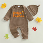 Baby Boys Girls 2Pcs Little Turkey Thanksgiving Outfit Long Sleeve Crew Neck Letter Turkey Embroidery Full Length Romper with Hat Set