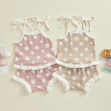 Load image into Gallery viewer, Baby Girl 2Pcs Clothes Set Tank Top Waffle Floral Top + Ruffles Flowers Shorts Set Outfit
