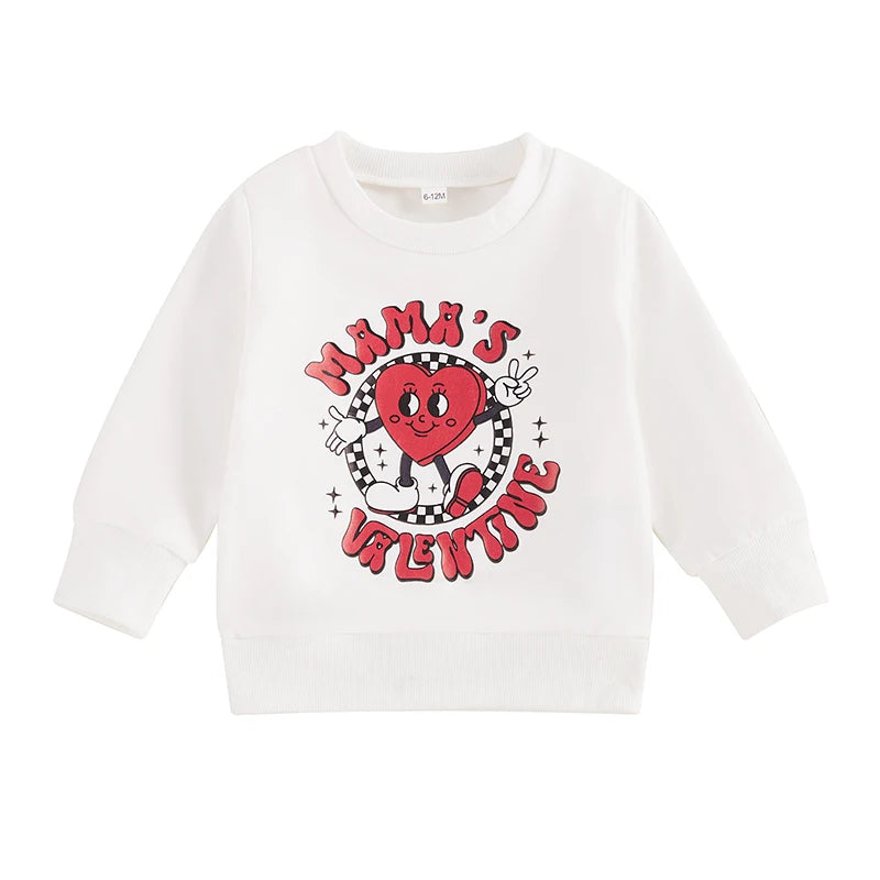 Baby Toddler Boys Mama's Valentine Valentine's Day Letter Heart Print Long Sleeve Round Neck Pullover Valentines Top