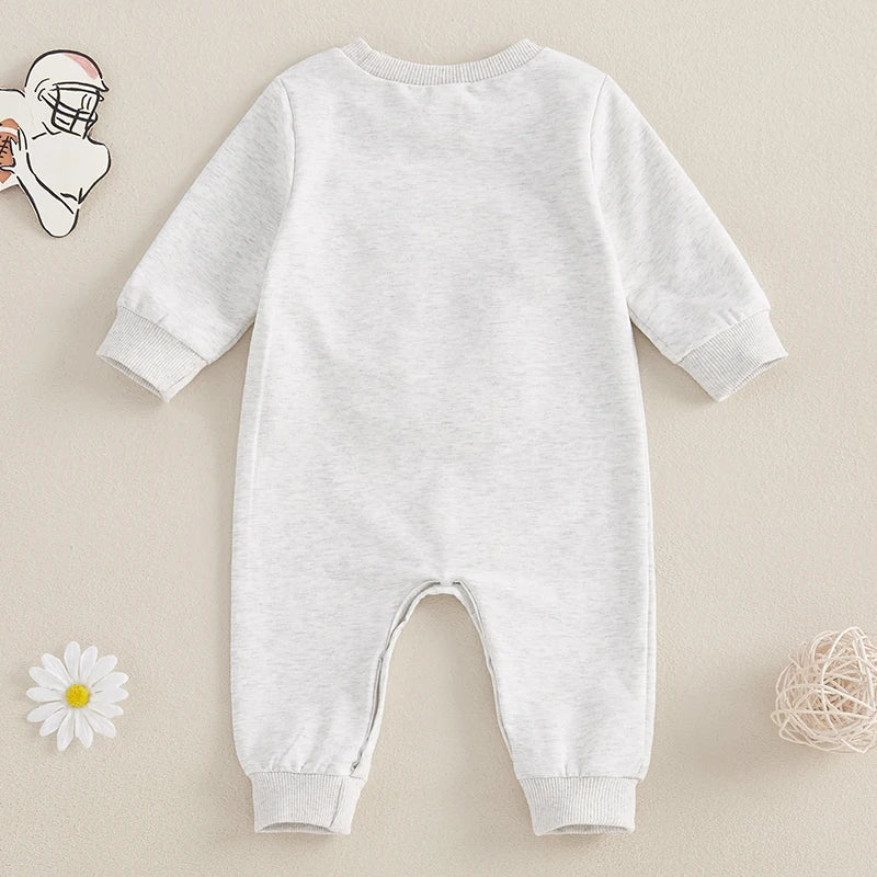 Baby Girl Boy Fall Romper GAME DAY Letter Football Embroidery Long Sleeve Full Length Jumpsuit