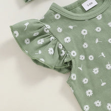 Load image into Gallery viewer, Baby Girls 3Pcs Summer Outfit Fly Frill Short Sleeve Romper + Ruffle Shorts + Headband Set Daisy Flower Print Clothes
