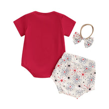 Load image into Gallery viewer, Baby Girl 3Pcs Little Firecracker 4th of July Clothes Set Short Sleeve Letters Print Romper with Fireworks Print Shorts Hairband Headband Bow Outfit
