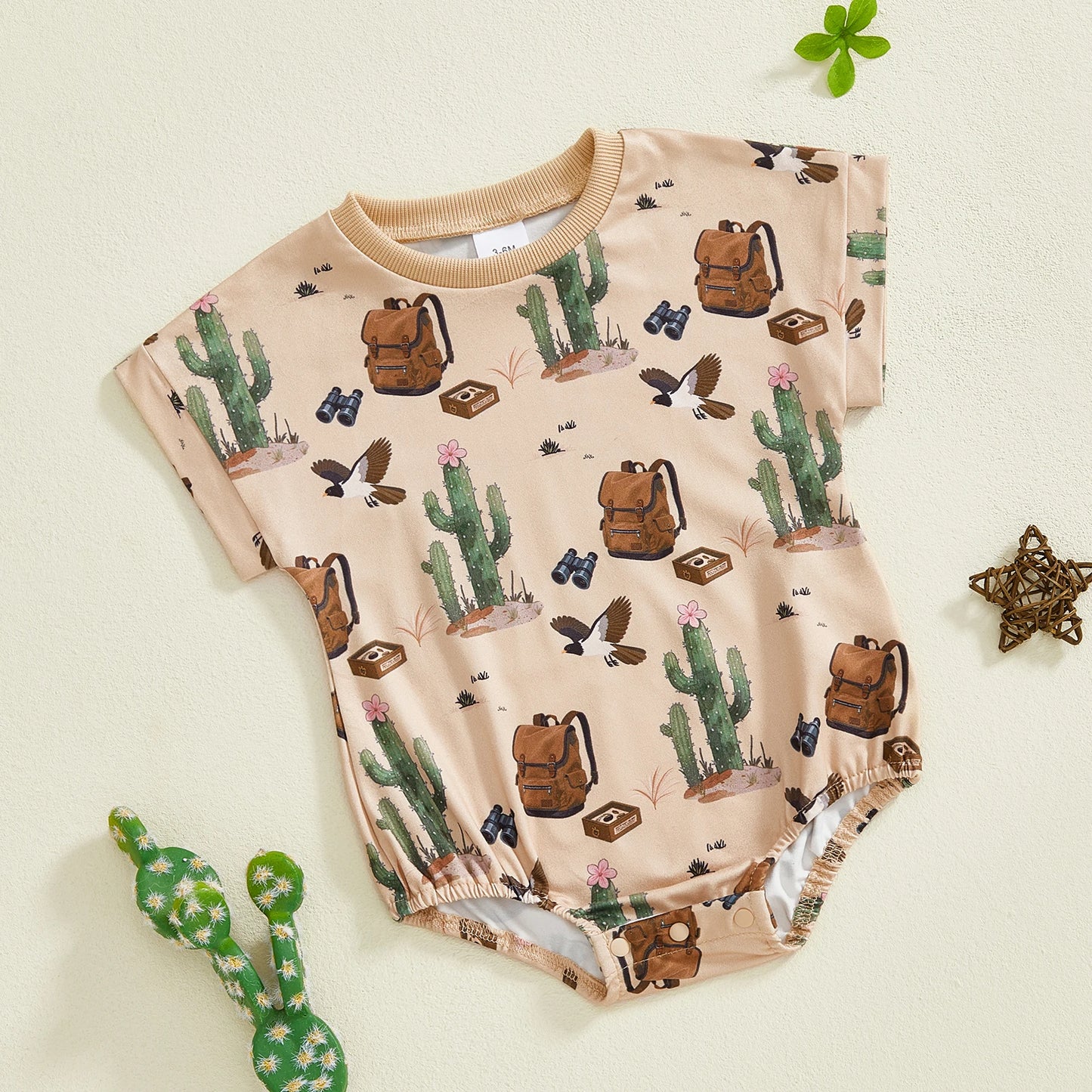 Baby Boy Summer Jumpsuit Cactus Print Short Sleeve Round Neck Romper Cute Bodysuit