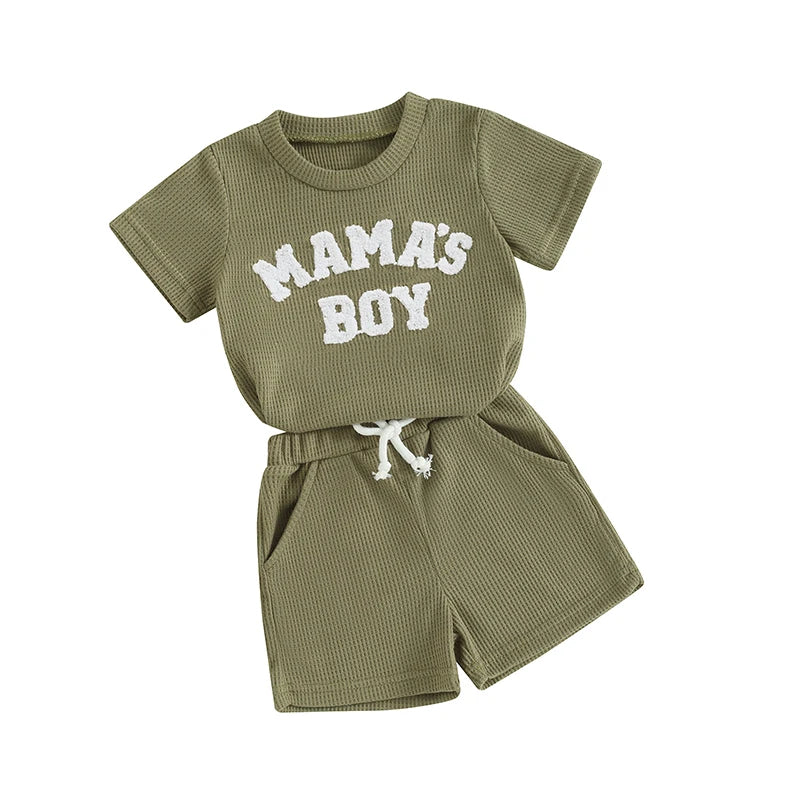 Baby Toddler Boy 2Pcs Mama's Boy Letter Embroidery Short Sleeve Top Matching Shorts Set Waffle Outfit