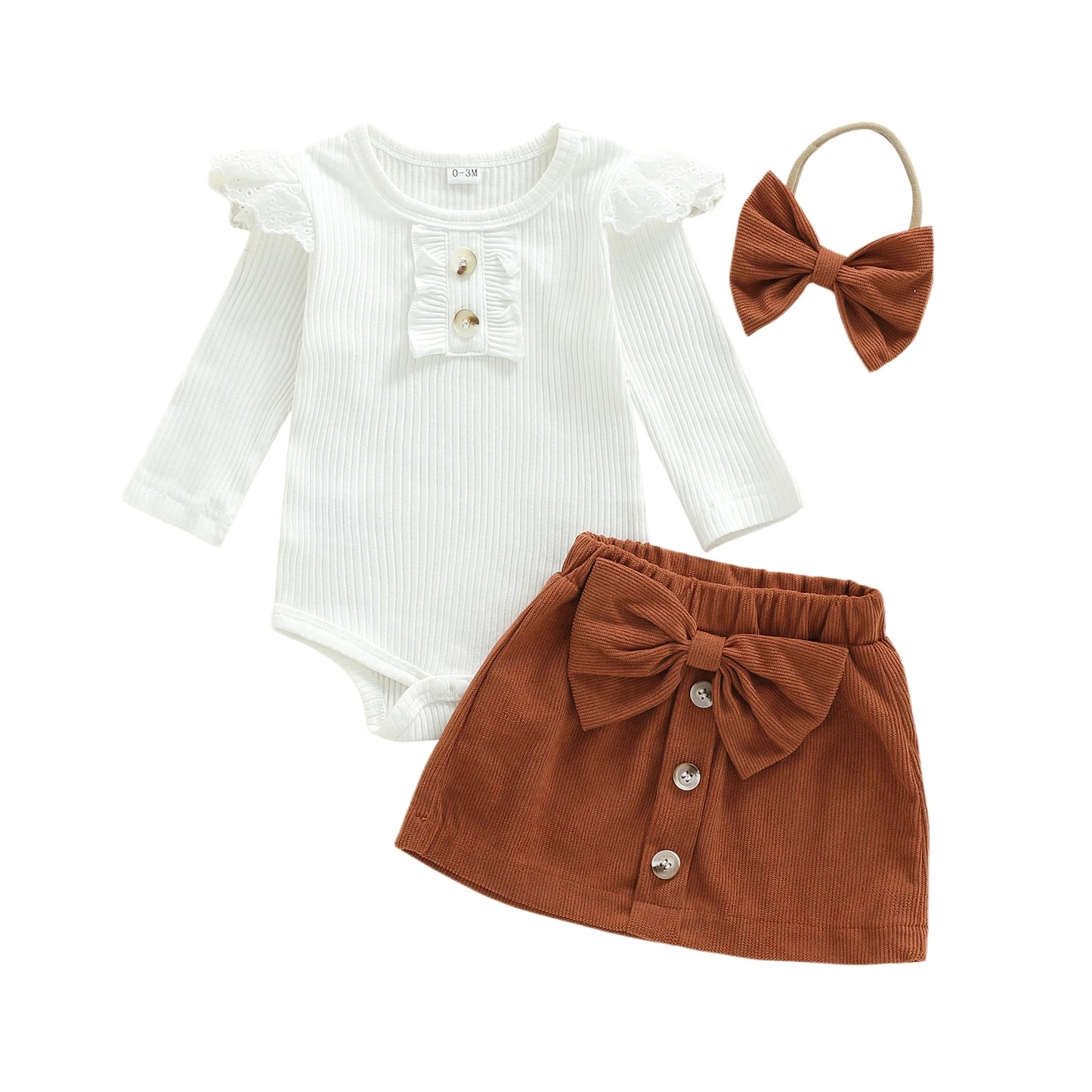Baby Girls 3Pcs Outfit Long Sleeve Romper with Mini Skirt Bowknot Headband Fall Set