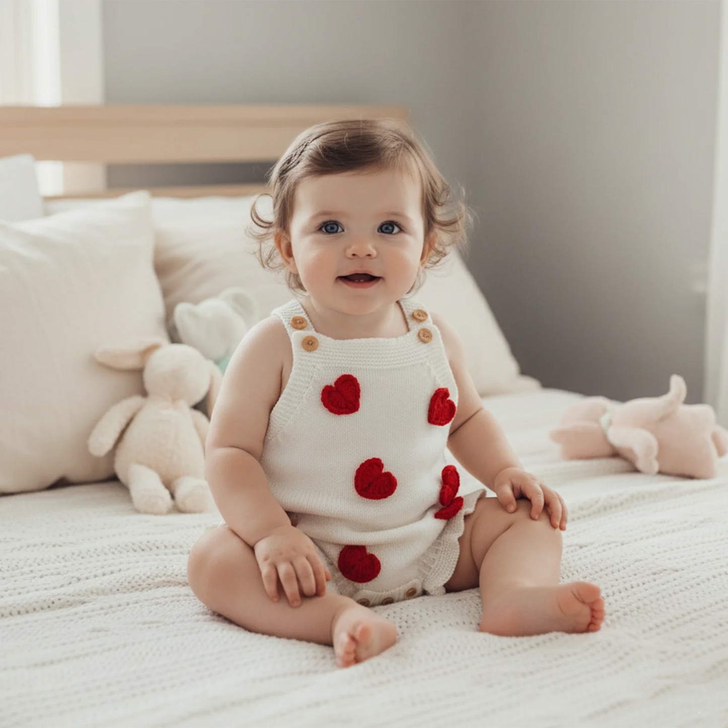 Baby Girl Valentine’s Day Sweater Romper Sleeveless Square Neck Heart Bodysuit Newborn Knit Overalls