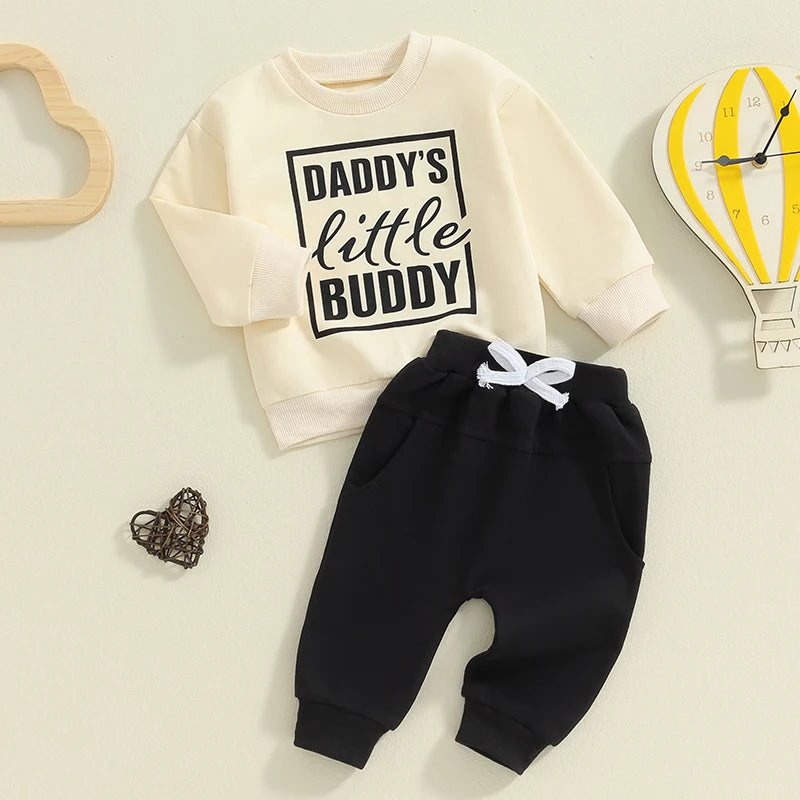 Baby Toddler Boys 2Pcs Daddy's Little Buddy Fall Outfit Letter Print Long Sleeve Round Neck Top and Solid Color Pants Set