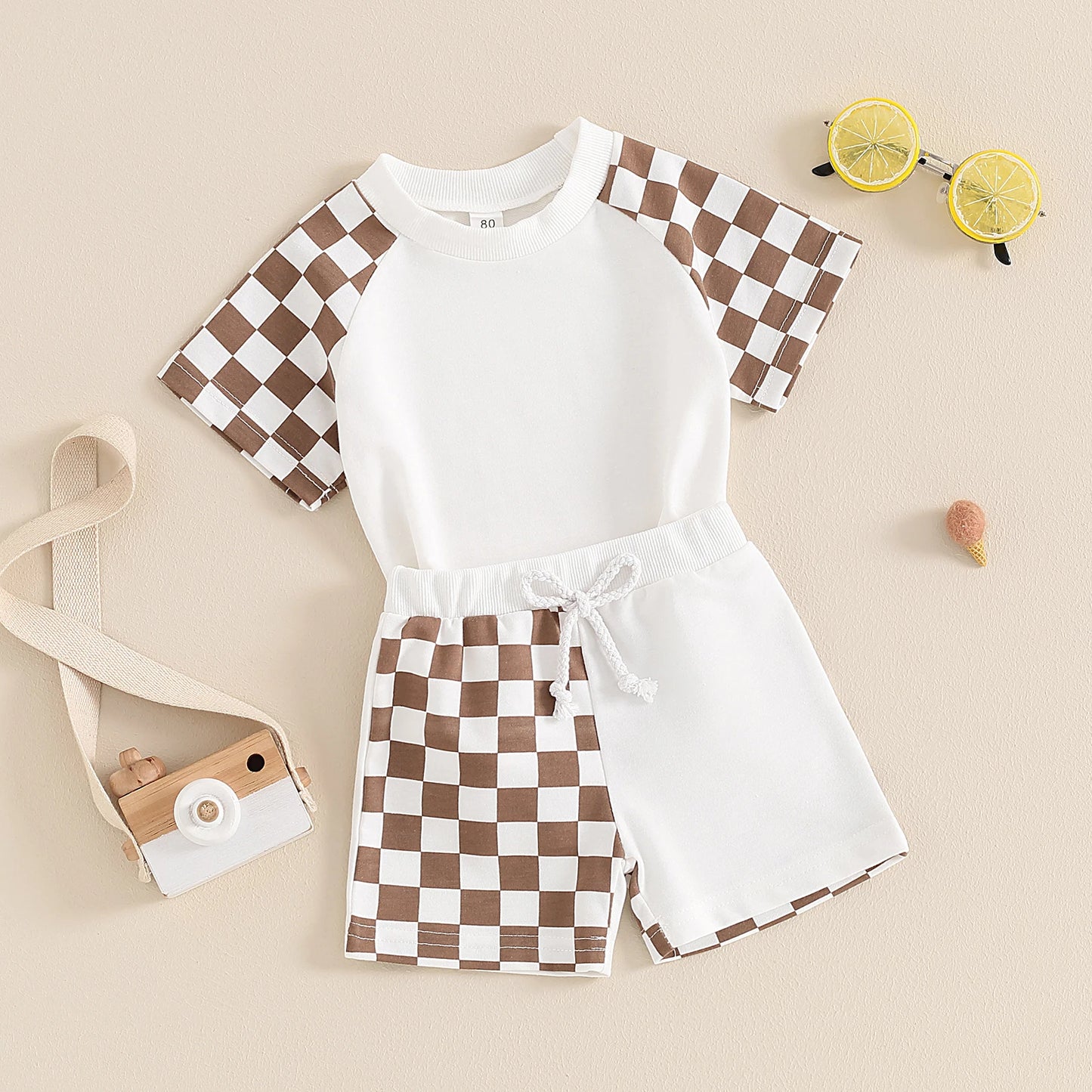 Baby Toddler Kids Boys 2Pcs Set Plaid Checker Short Sleeve Crew Neck Top with Elastic Waist Shorts Set Summer Outfit