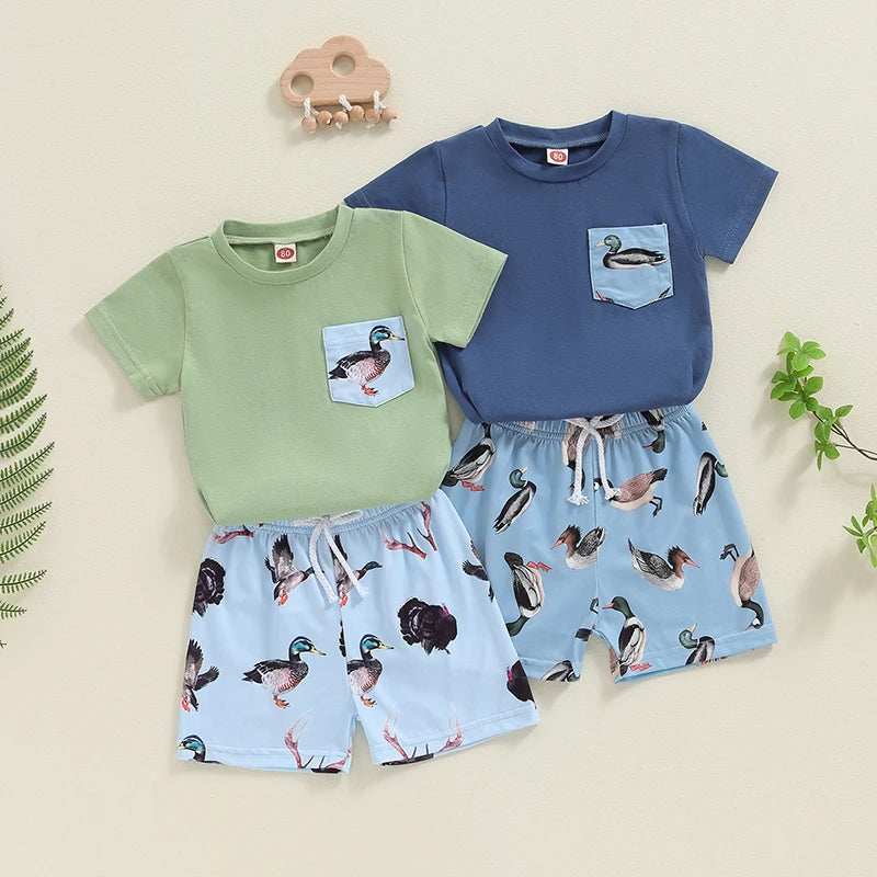 Baby Toddler Boys 2Pcs Summer Outfit Duck Print Short Sleeve Top Pocket Elastic Waist Shorts Set