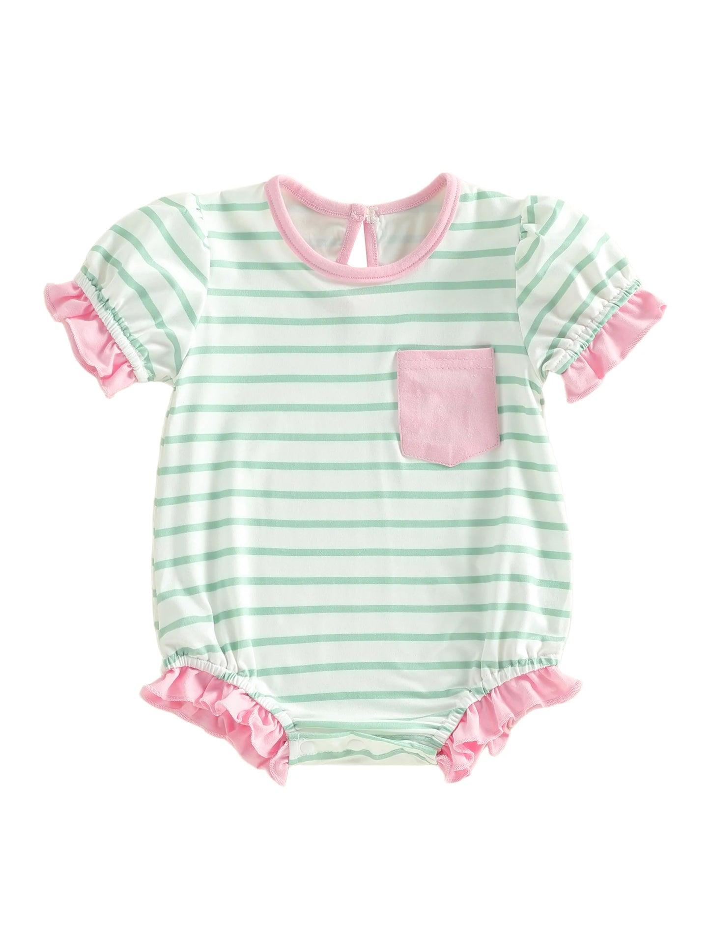 Baby Girl Striped Romper Ruffle Trim Short Sleeve Crewneck Jumpsuit Casual Summer Spring Clothes