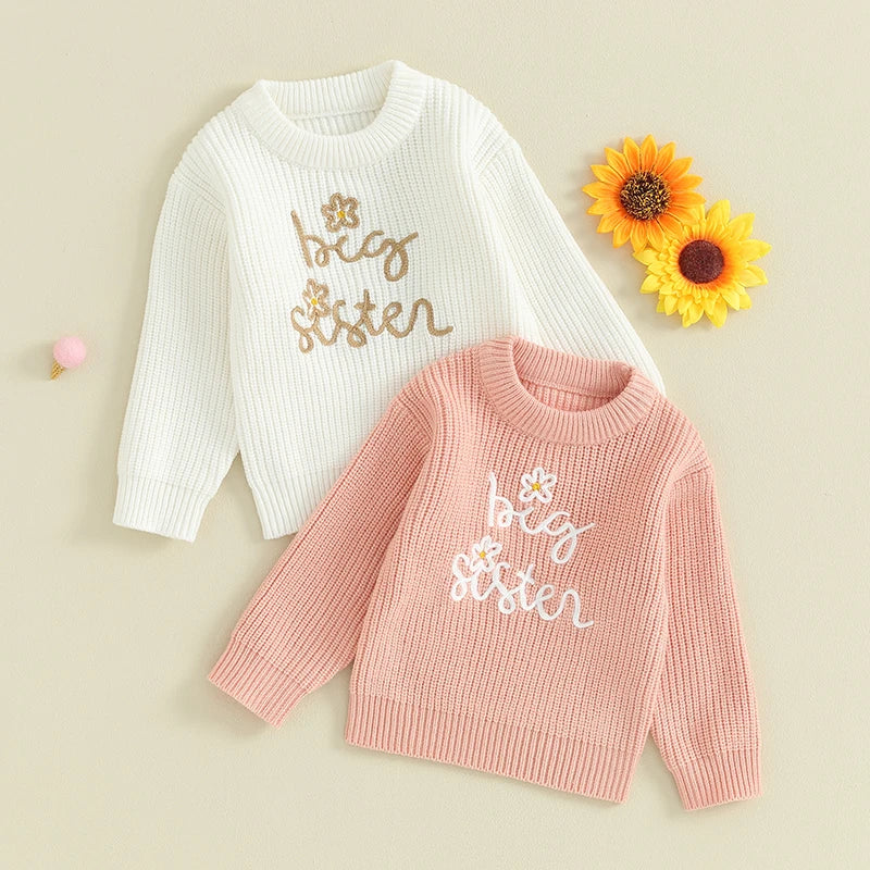 Baby Toddler Kids Girls Sweaters Lil Sister Letter Flower Embroidery Knitted Loose Long Sleeve Top