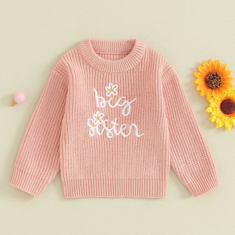 Baby Toddler Kids Girls Sweaters Lil Sister Letter Flower Embroidery Knitted Loose Long Sleeve Top