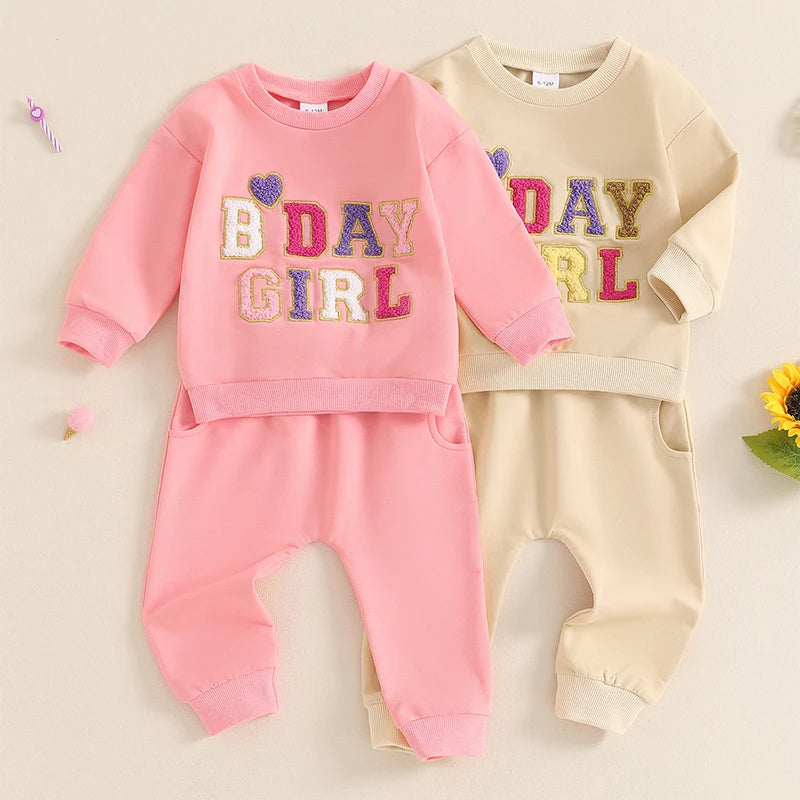 Baby Toddler Kids Girls 2Pcs Birthday Girl Outfit Long Sleeve Letter Embroidery Pullover + Pants Set