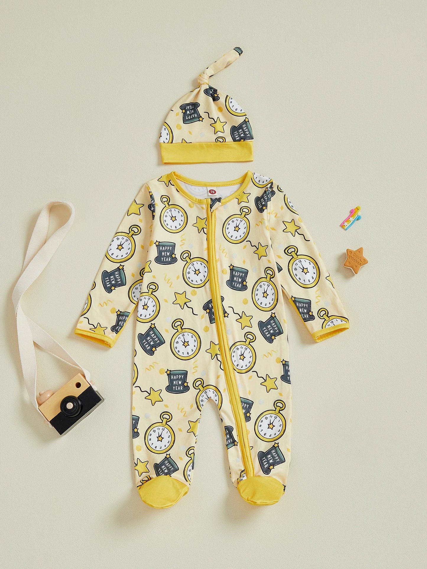 Baby Boy Girl 2Pcs Happy New Year Outfits Cute Long Sleeve Round Neck Hat Clock Print Footed Jumpsuit and Hat Set