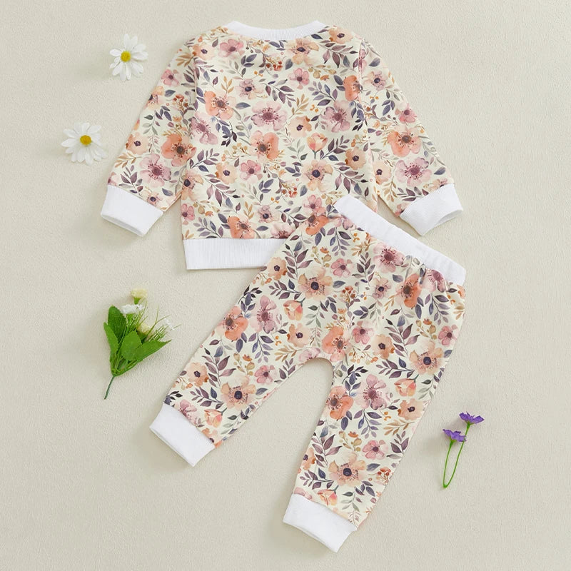 Baby Toddler Girl 2Pcs Spring Fall Outfit Long Sleeve Flower Print Top + Pants Jogger Set