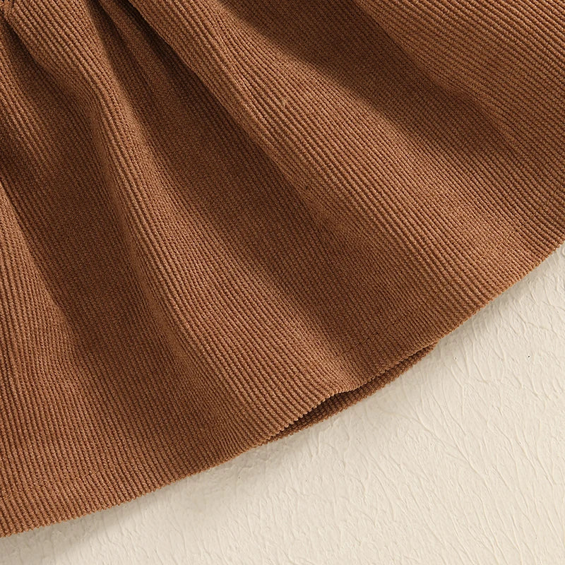 Baby Girl 2Pcs Fall Outfit Solid Ruffled Long Sleeve Crew Neck Romper with Corduroy Suspender Skirt 2Pcs Set