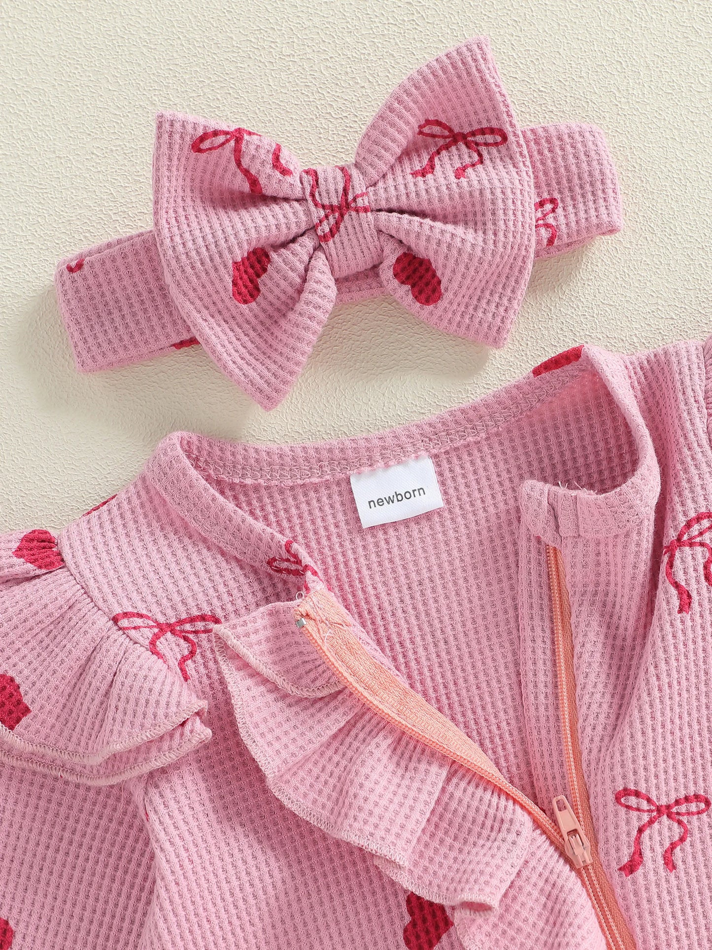 Baby Girls 2Pcs Valentine's Day Romper Outfit Heart Print Ruffle Long Sleeve Jumpsuits Bow Headband Set