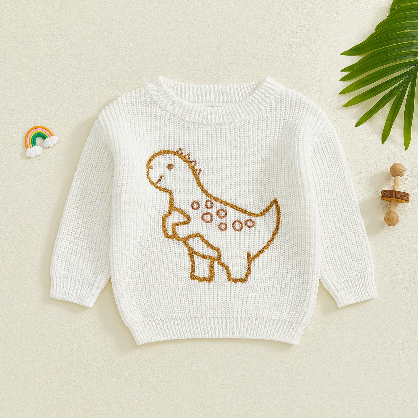 Baby Toddler Boy Sweater Long Sleeve Crew Neck Dinosaur Embroidery Knit Tops Comfortable Pullover
