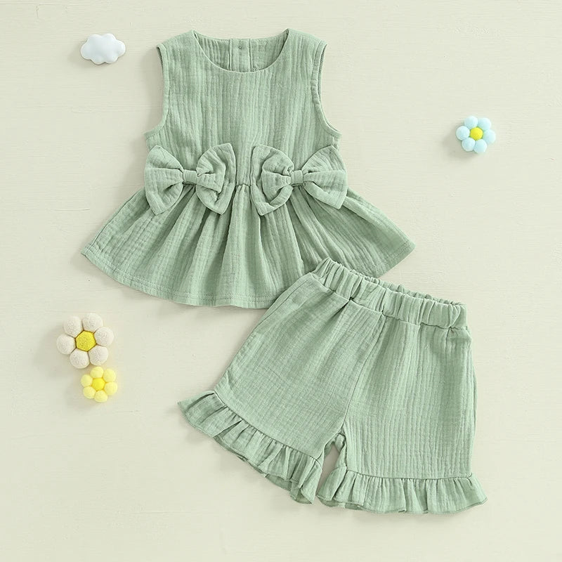 Baby Toddler Kids Girl 2Pcs Summer Clothes Solid Color Bow Round Neck Tank Top + Elastic Waist Ruffled Shorts Set