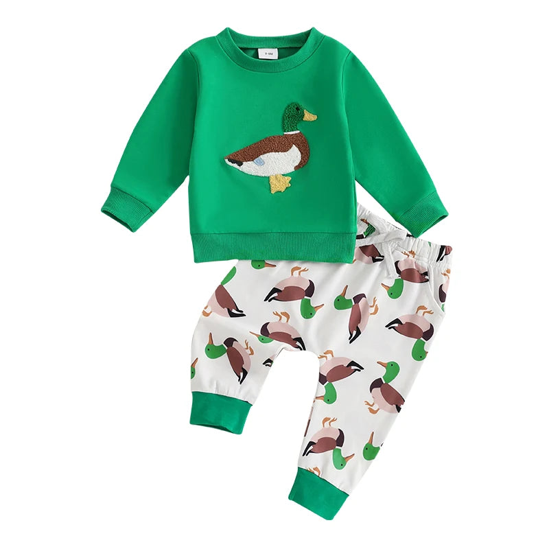 Baby Toddler Boys 2Pcs Autumn Spring Outfit Jogger Set Long Sleeve O Neck Top Duck Print Drawstring Pants