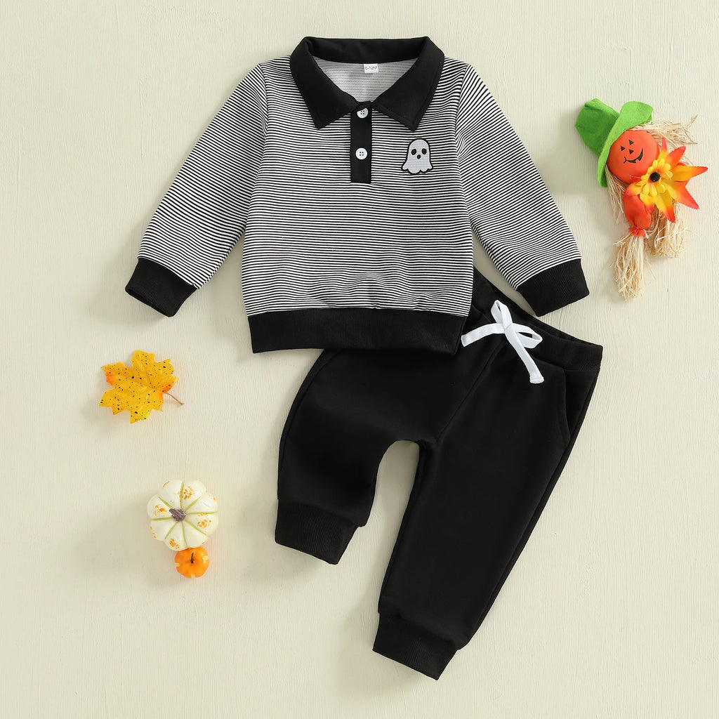 Baby Toddler Boys 2Pcs Halloween Outfit Ghost Embroidery Striped Long Sleeve Top with Pants Jogger Set