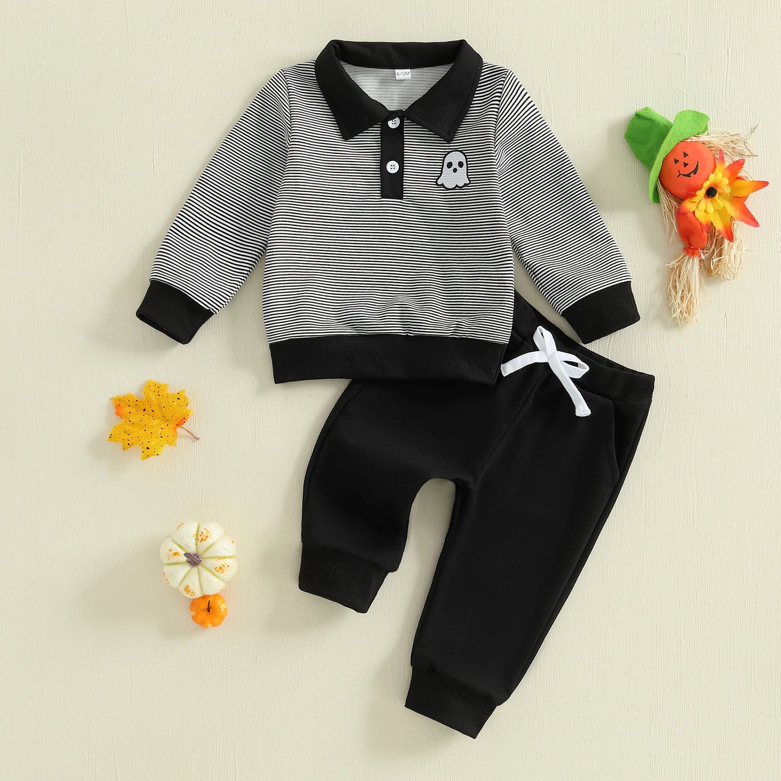 Baby Toddler Boys 2Pcs Halloween Outfit Ghost Embroidery Striped Long Sleeve Top with Pants Jogger Set