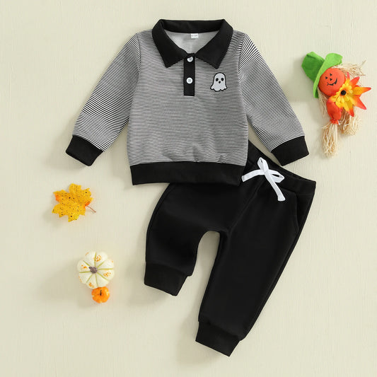 Baby Toddler Boys 2Pcs Halloween Outfit Ghost Embroidery Striped Long Sleeve Top with Pants Jogger Set