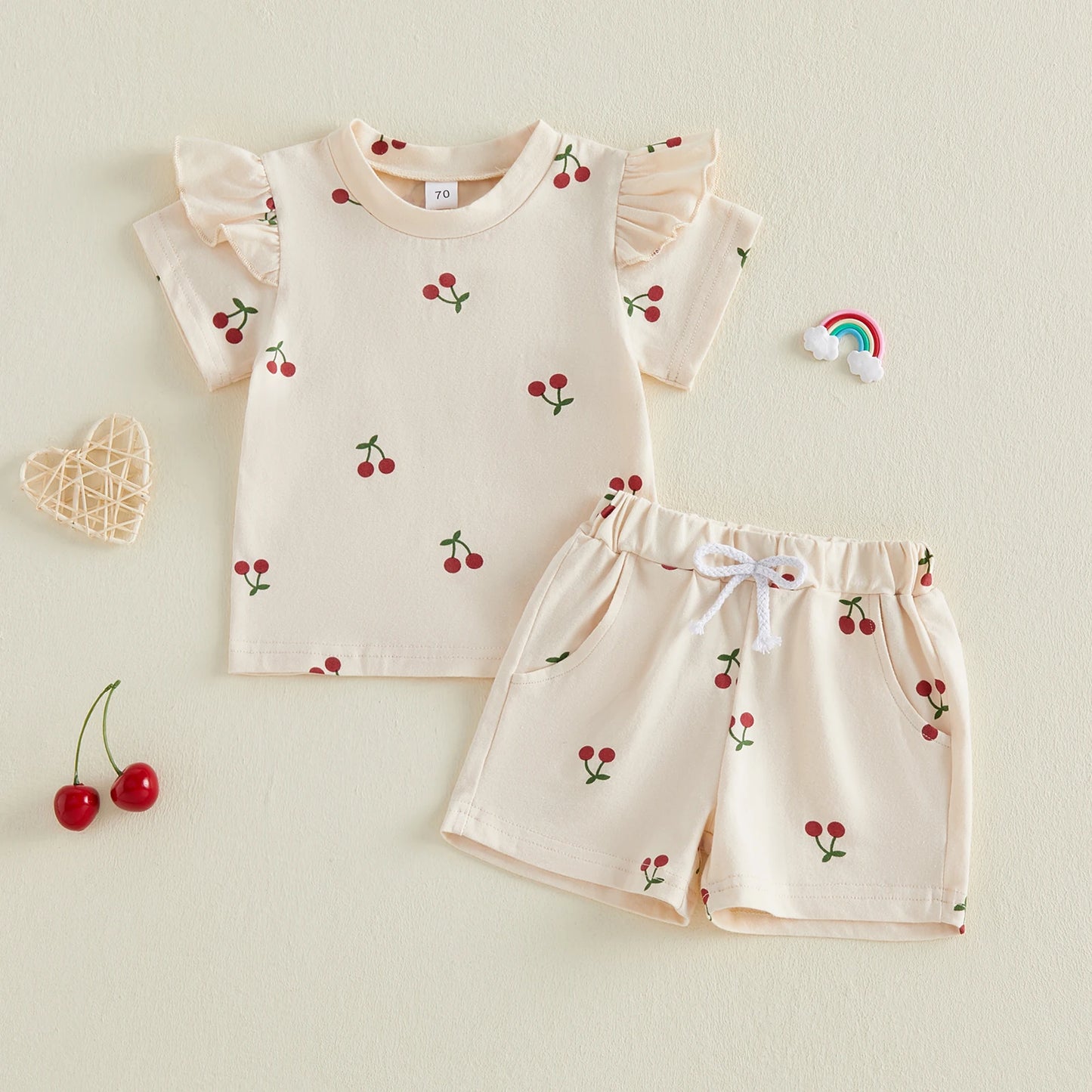Baby Toddler Girls 2Pcs Summer Outfit Cherry Print Crew Neck Short Sleeve Top Elastic Waist Shorts Clothes Set