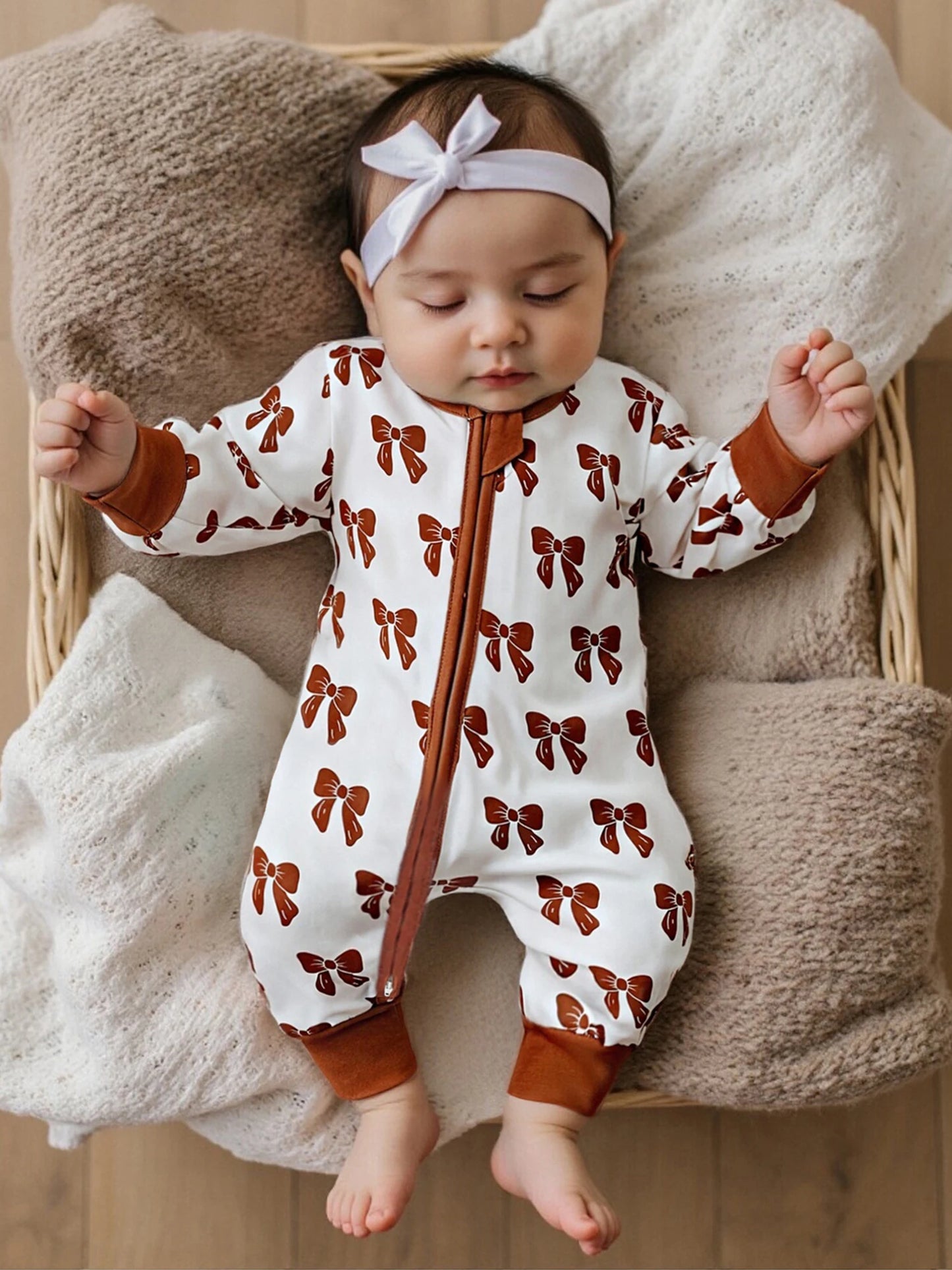 Baby Girl Zipper Romper Long Sleeve Round Neck Bow Print Jumpsuit