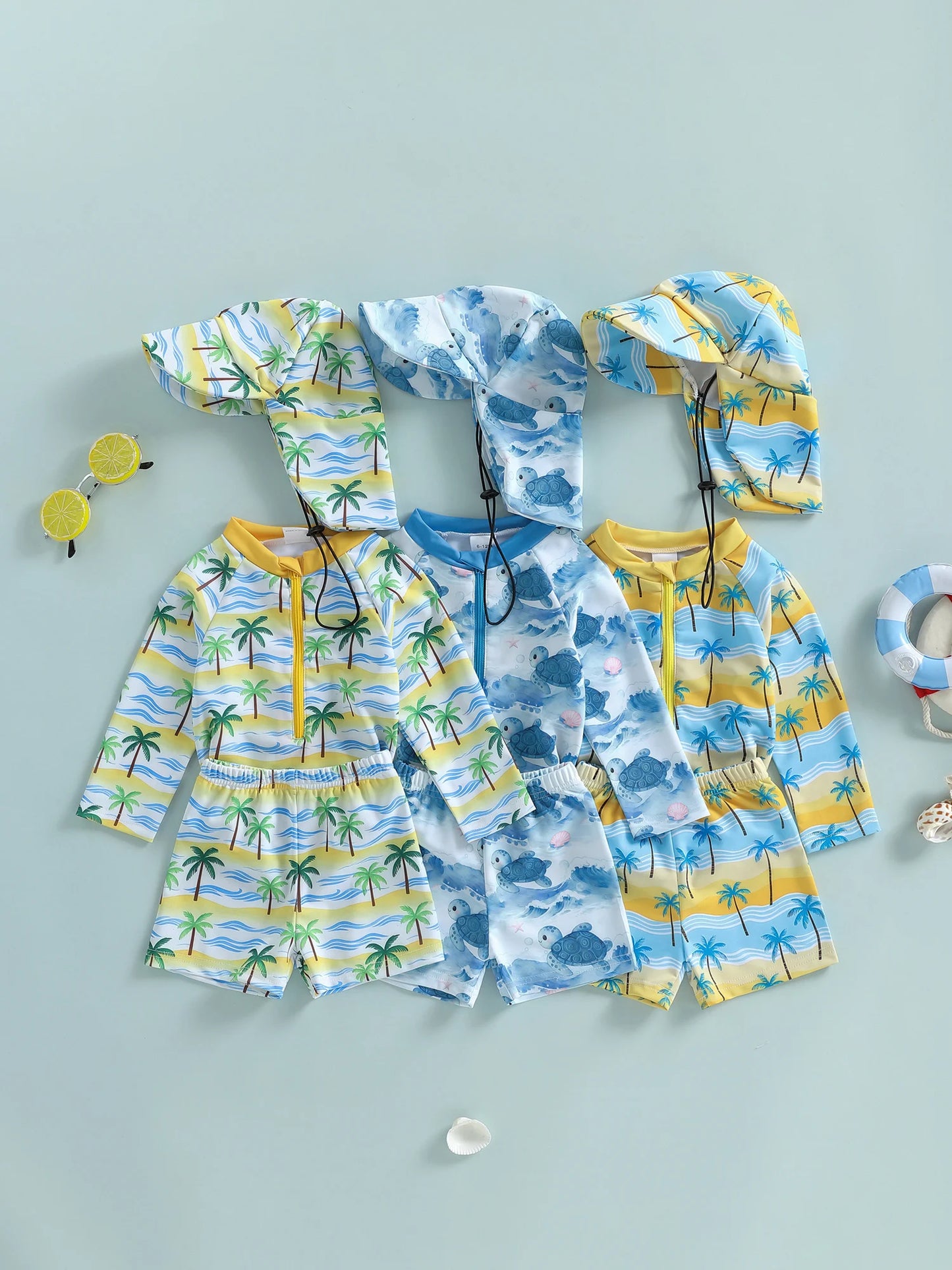Baby Toddler Boys 3Pcs Rash Guard Swimsuit Set Palm Tree Print Long Sleeve Round Neck Top and Shorts Hat Set