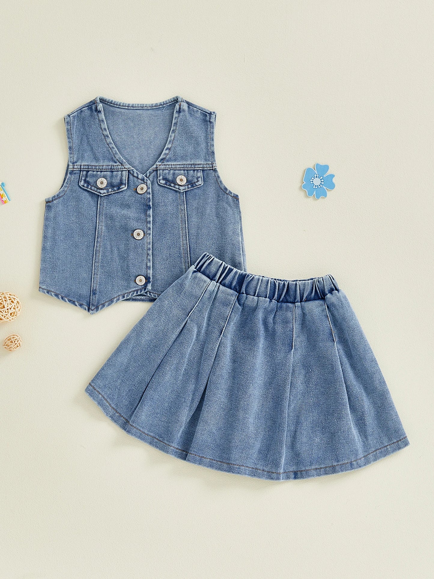 Toddler Kids Girls 2Pcs Denim Set Solid Color V-Neck Button Down Vest and Pleated Skirt 2 Piece Outfit