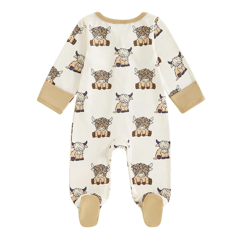 Baby Boys Girls Western Footed Jumpsuit Long Sleeve Crew Neck Cow Print Zipper Romper