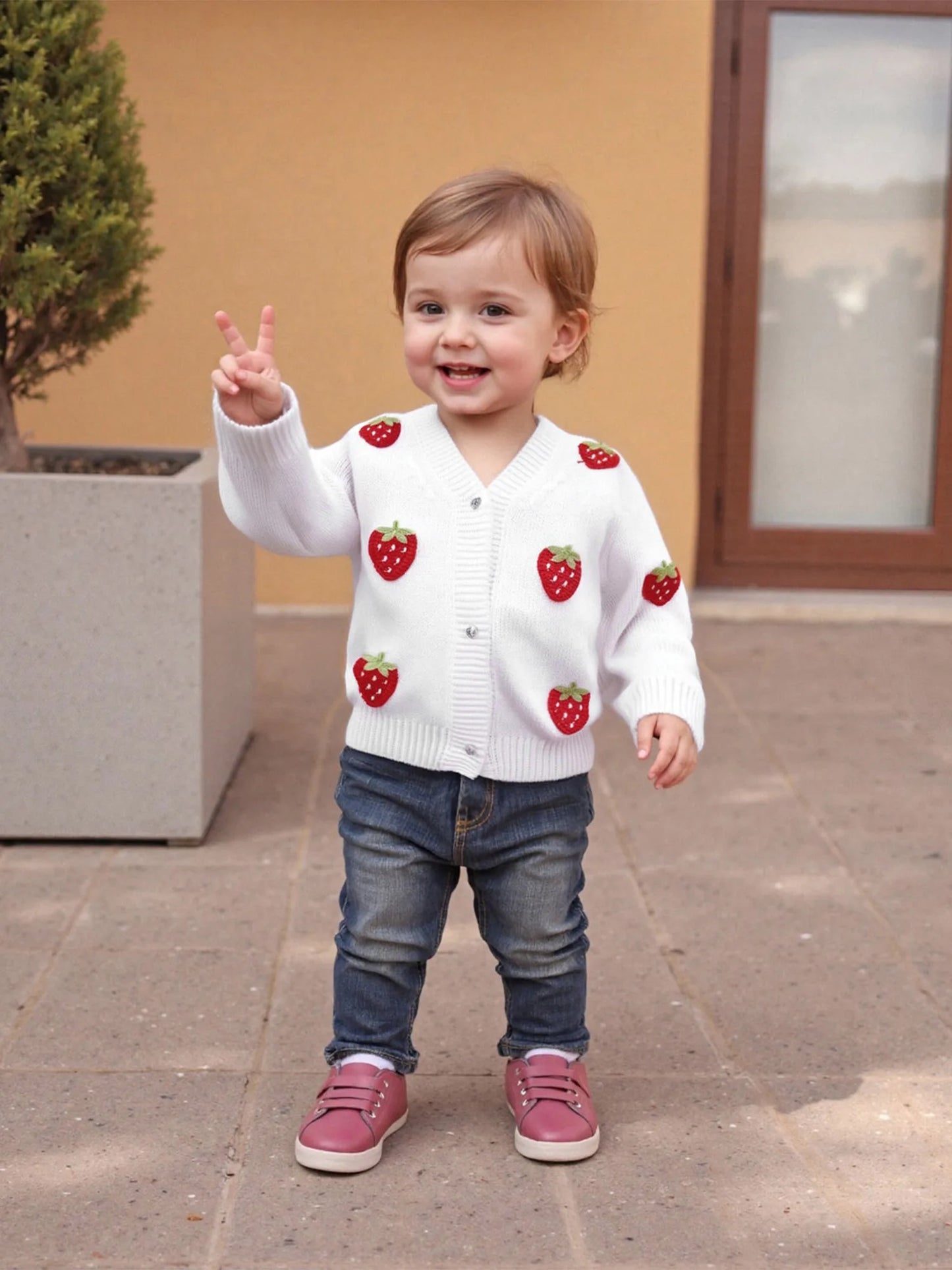 Baby Toddler Girls Sweater Casual Crocheted Strawberries Infant Button Cardigan Knitwear Warm Clothes Sweater