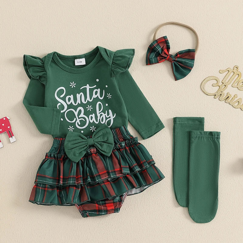 Baby Toddler Girls 4Pcs My 1st Christmas / Santa Baby First Outfit Letter Reindeer Ruffle Long Sleeve Romper Plaid Layered Ruffle Shorts Skirt Bloomers Socks Headband Bow Set