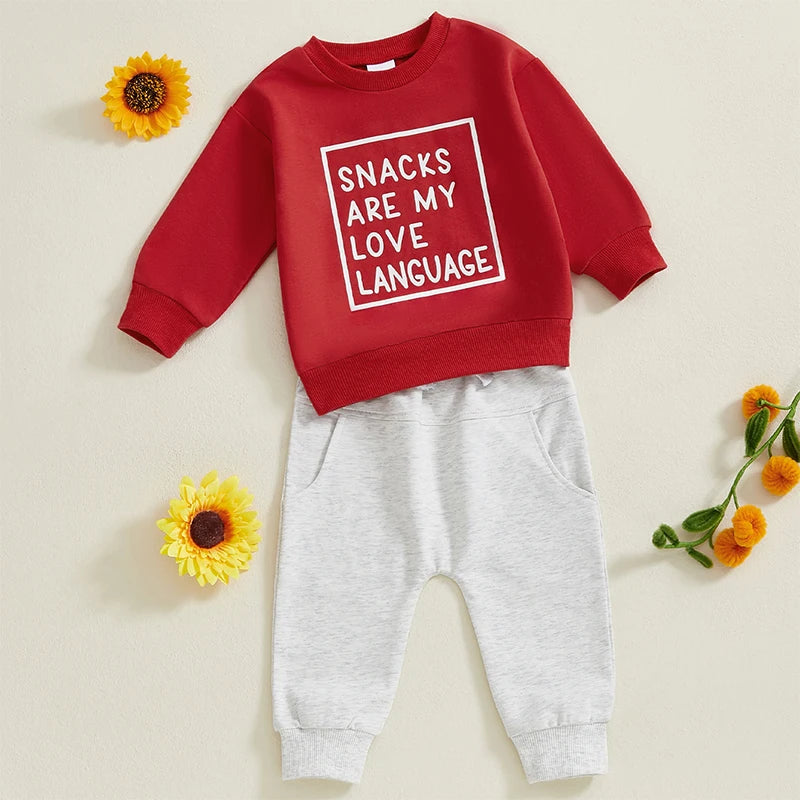 Baby Toddler Boys 2Pcs Snacks Are My Love Language Fall Outfit Letter Print Long Sleeve Top and Long Pants Jogger Set