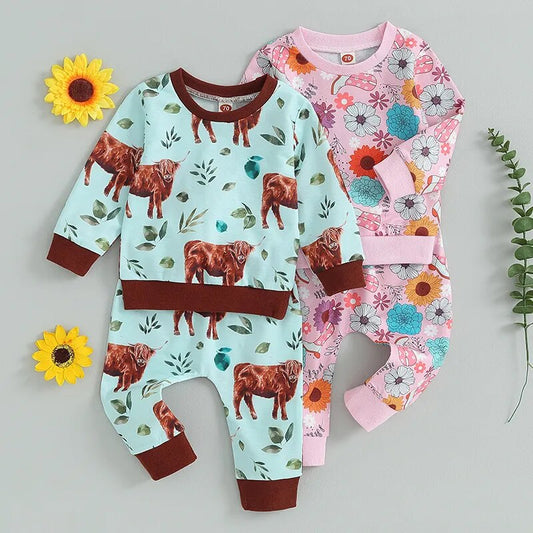 Baby Toddler Boys Girls 2Pcs Western Clothes Flower/Cow Print Top Elastic Waist Pants Set