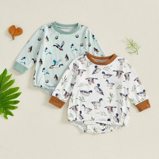 Baby Boy Duck Print Romper Round Neck Long Sleeve Bodysuit Cute Farm Clothes