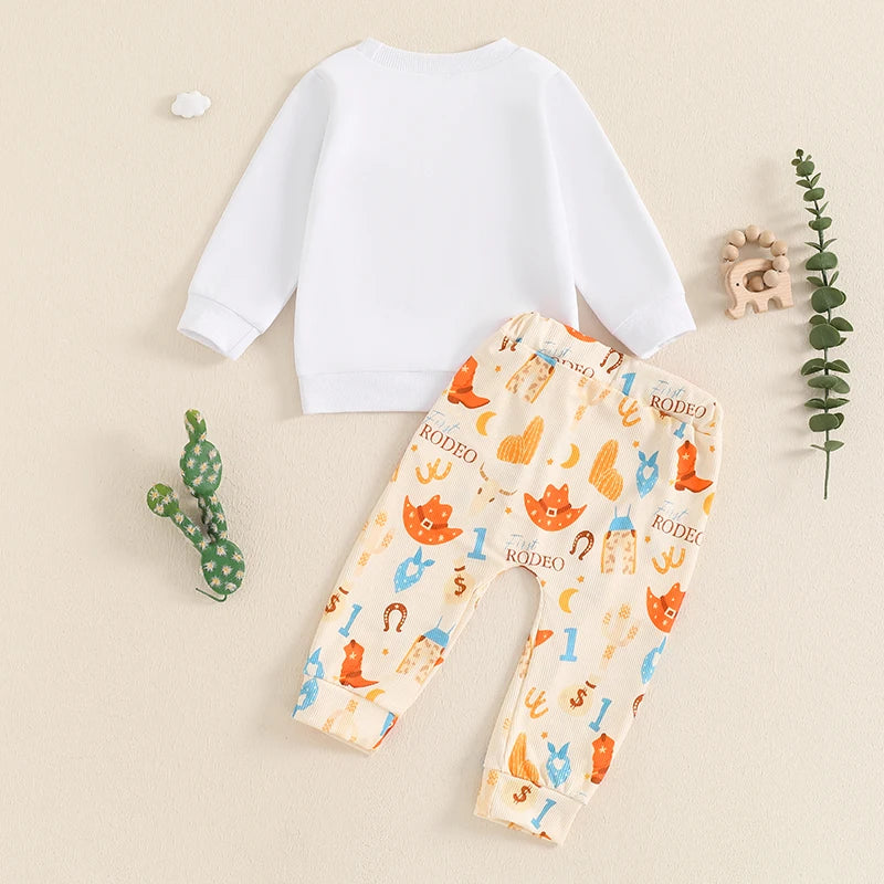 Baby Toddler Boys Girls 2Pcs My First Rodeo Set Cowboy Letter Print Long Sleeve Round Neck Top Pockets Long Pants Outfit