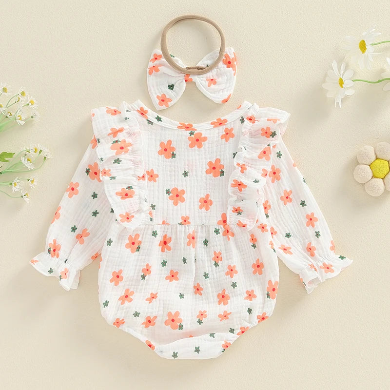 Baby Girl 2Pcs Outfit, Long Sleeve Crew Neck Floral Flowers Romper with Hairband Bow Set