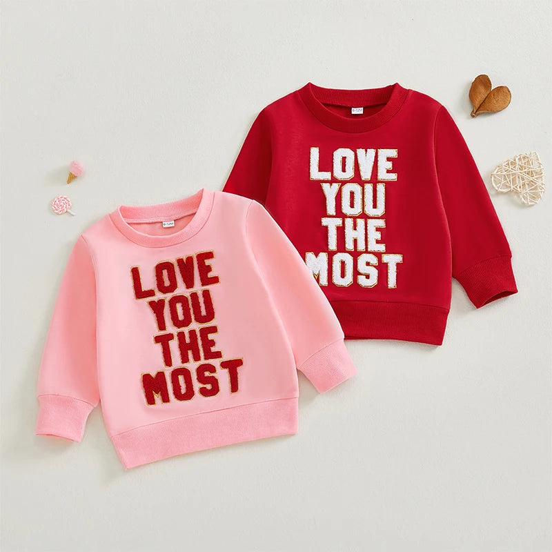 Baby Toddler Girls Boys Love You The Most Valentine's Day Letter Embroidery Long Sleeve Pullover Casual Top Valentines