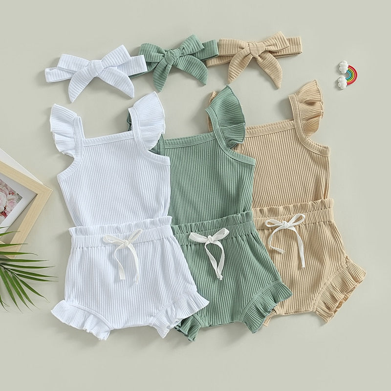 Baby Toddler Girls 3Pcs Flutter Sleeve Solid Romper Tops Drawstring Short Pants Headband Outfit