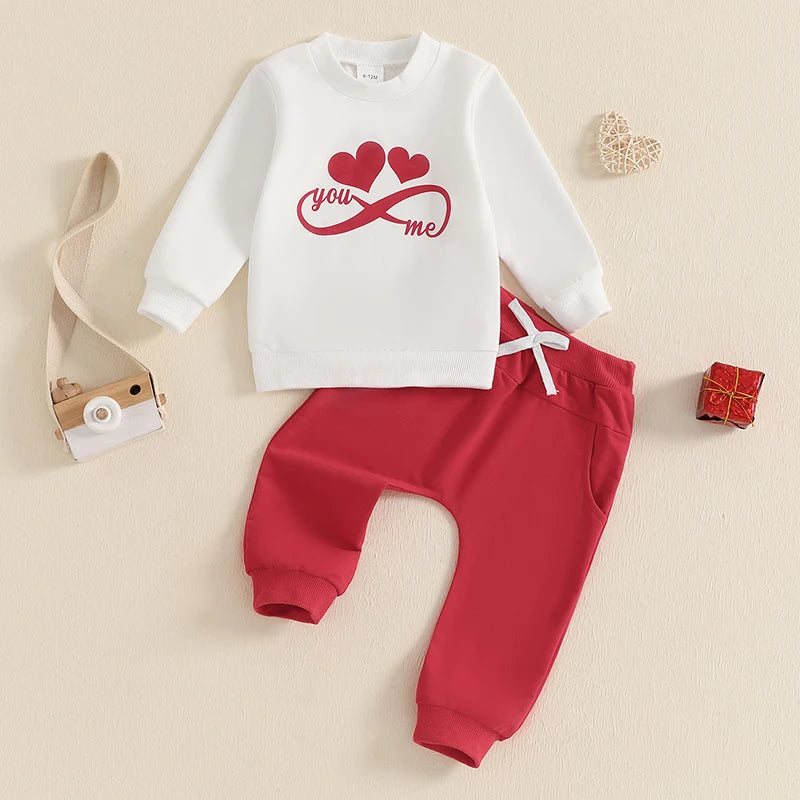 Baby Toddler Boys Girls 2Pcs Valentine's Day Outfit Heart Truck / Infinity You Me / Candy Hearts Print Crew Neck Long Sleeve Top Long Pants Valentines Jogger Set