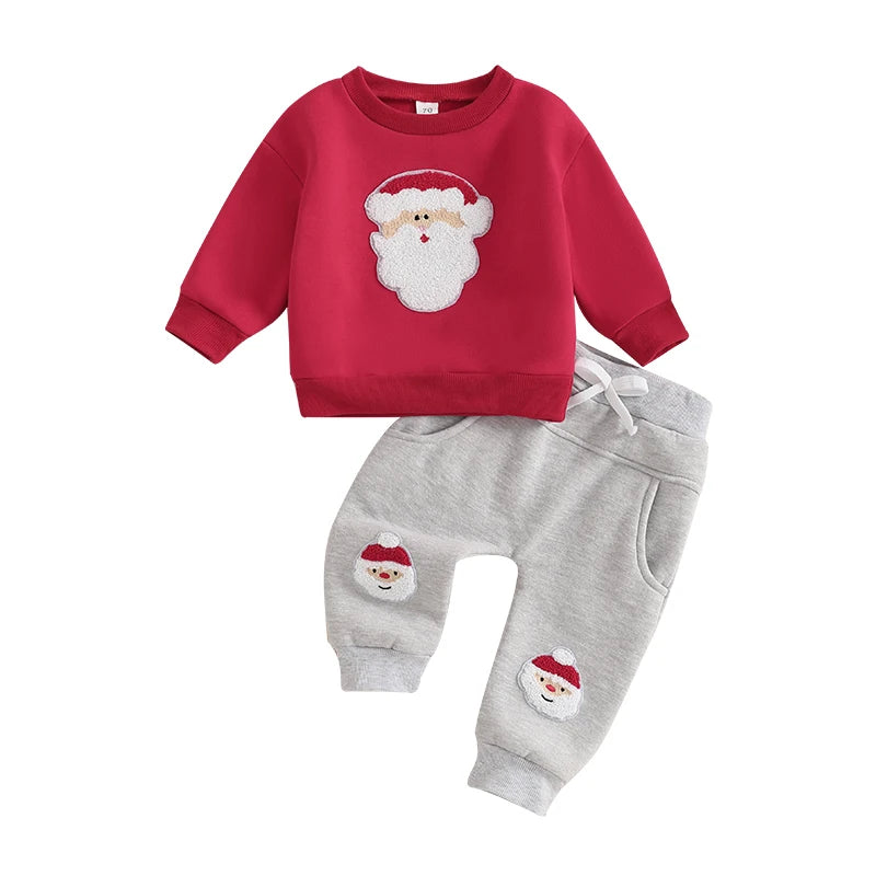 Baby Toddler Boys 2Pcs Christmas Outfit Long Sleeve Santa Embroidery Top and Pocket Pants Jogger Set