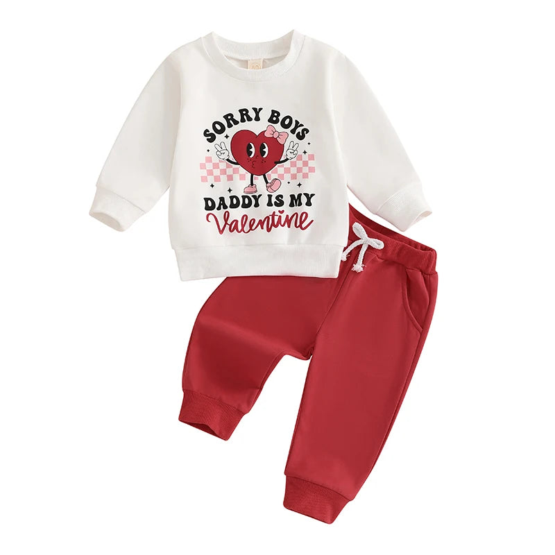 Baby Toddler Girls 2Pcs Sorry Boys Daddy Is My Valentine Valentine's Day Outfit Letter Heart Print Long Sleeve Top with Solid Color Long Pants Jogger Set Valentines