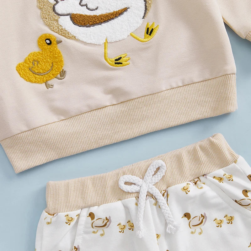 Baby Toddler Boys Girls 2Pcs Outfit Long Sleeve Round Neck Duck Embroidery Top Drawstring Pants Fall Jogger Set