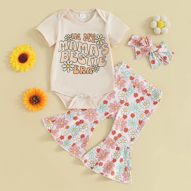 Baby Girls 3Pcs In My Mama's Bestie Era Letter Flower Print Short Sleeve Bodysuit + Flare Pants + Headband Outfit Set