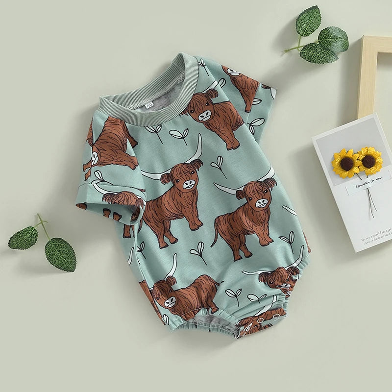 Baby Boys Western Romper Short Sleeve Highland Cow Print Jumpsuit Clothes Bodysuit